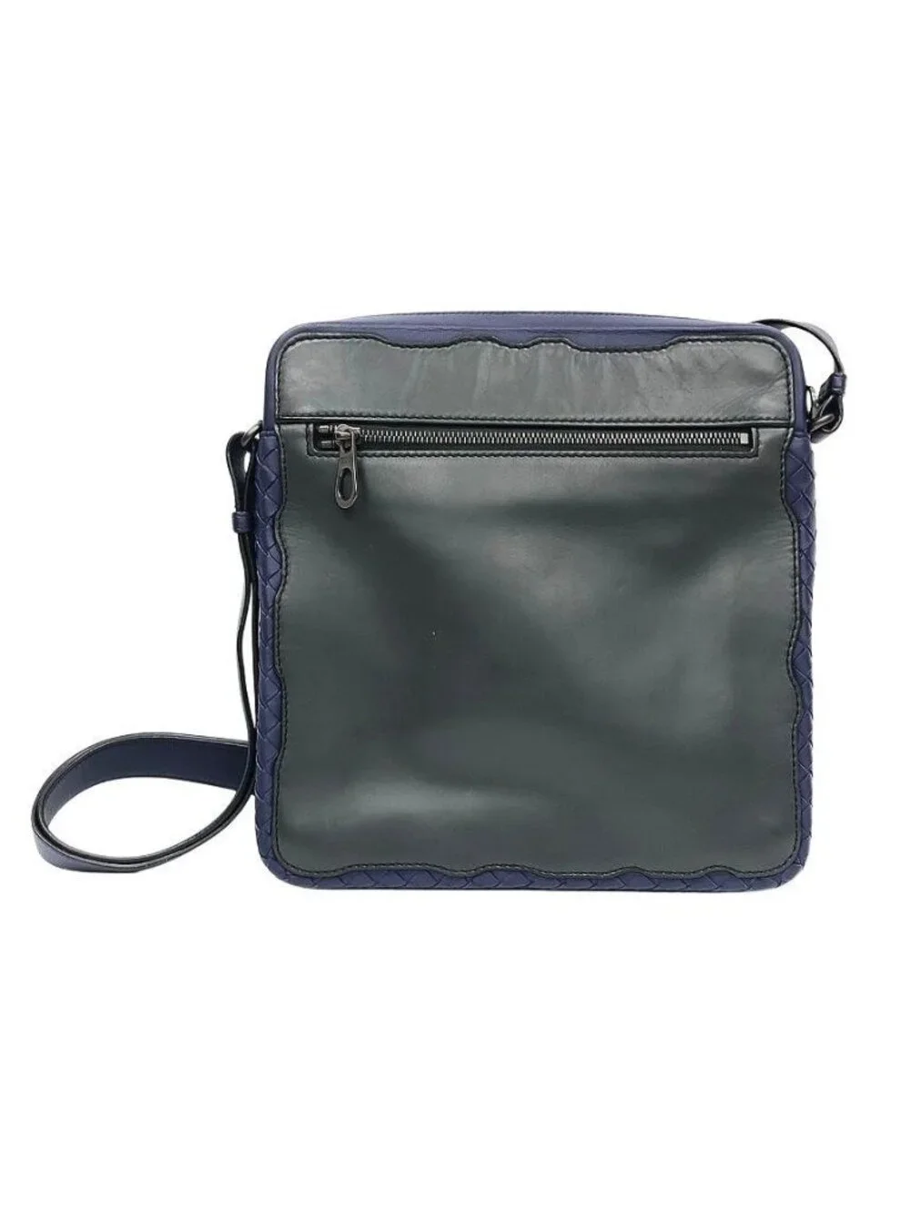 Bottega Veneta Intrecciato Trim Leather Shoulder Bag Crossbody Navy Gray Braided
